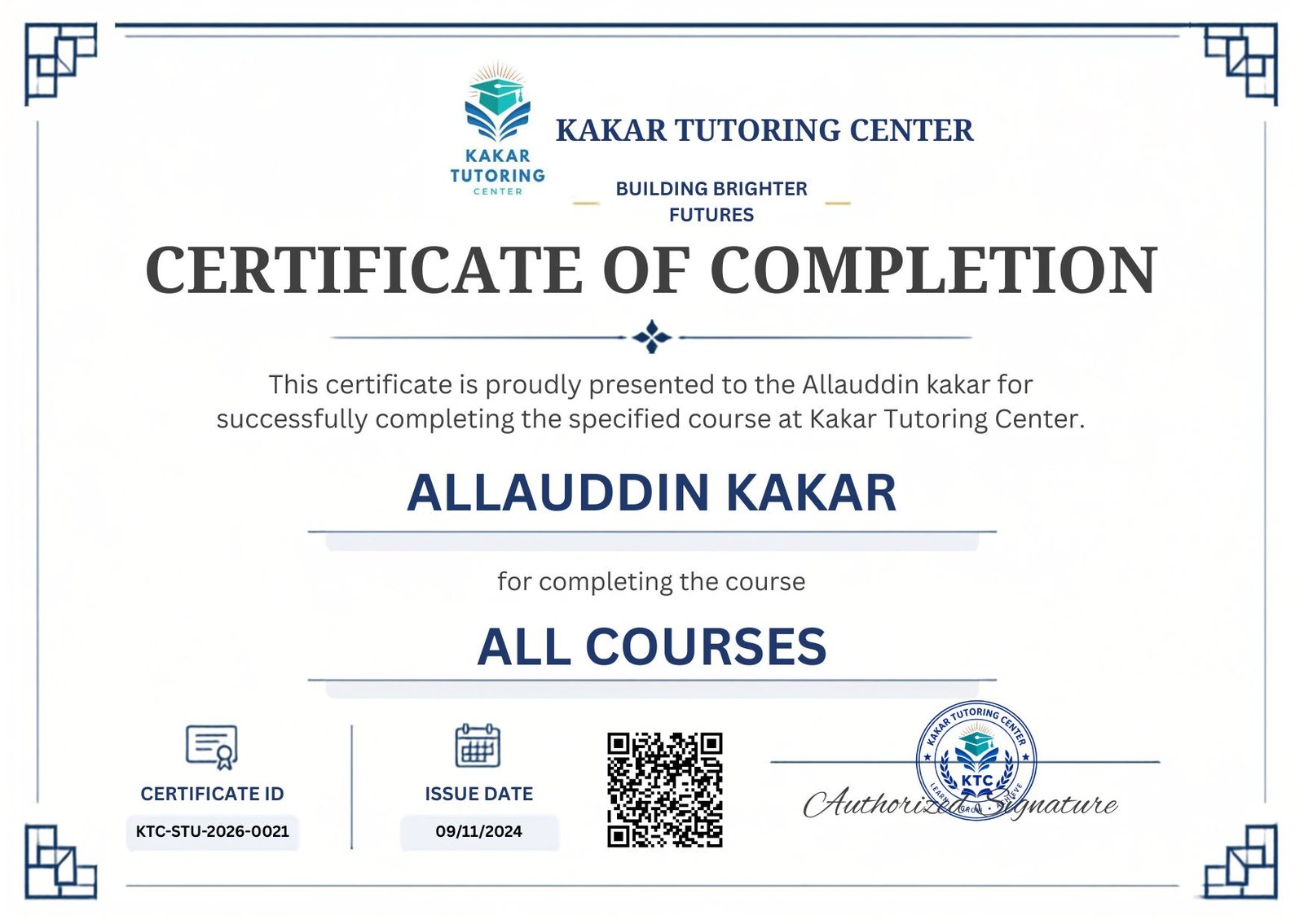 Kakar Tutoring Center sample course completion certificate